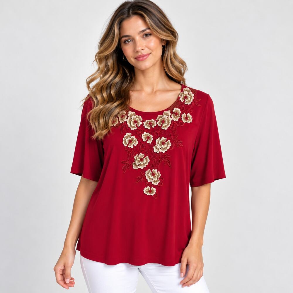 Susan Graver Liquid Knit Blouse Women's M Red Crochet Floral Neckline Cottage